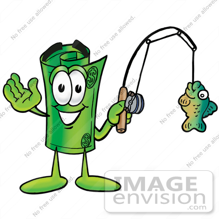 #24697 Clip Art Graphic of a Rolled Greenback Dollar Bill Banknote Cartoon Character Holding a Fish on a Fishing Pole by toons4biz