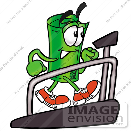 #24698 Clip Art Graphic of a Rolled Greenback Dollar Bill Banknote Cartoon Character Walking on a Treadmill in a Fitness Gym by toons4biz