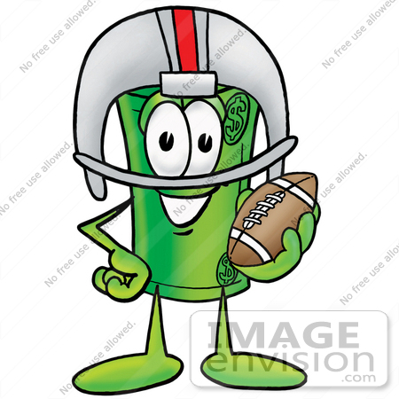 #24699 Clip Art Graphic of a Rolled Greenback Dollar Bill Banknote Cartoon Character in a Helmet, Holding a Football by toons4biz