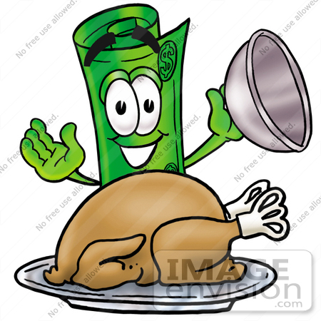#24700 Clip Art Graphic of a Rolled Greenback Dollar Bill Banknote Cartoon Character Serving a Thanksgiving Turkey on a Platter by toons4biz