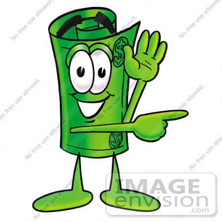 #24701 Clip Art Graphic of a Rolled Greenback Dollar Bill Banknote Cartoon Character Waving and Pointing by toons4biz