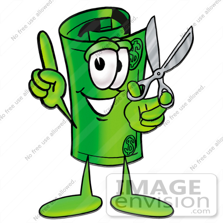 #24702 Clip Art Graphic of a Rolled Greenback Dollar Bill Banknote Cartoon Character Holding a Pair of Scissors by toons4biz