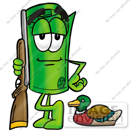 #24703 Clip Art Graphic of a Rolled Greenback Dollar Bill Banknote Cartoon Character Duck Hunting, Standing With a Rifle and Duck by toons4biz