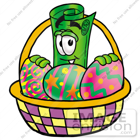 #24704 Clip Art Graphic of a Rolled Greenback Dollar Bill Banknote Cartoon Character in an Easter Basket Full of Decorated Easter Eggs by toons4biz