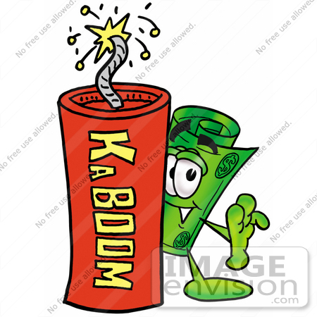 #24705 Clip Art Graphic of a Rolled Greenback Dollar Bill Banknote Cartoon Character Standing With a Lit Stick of Dynamite by toons4biz