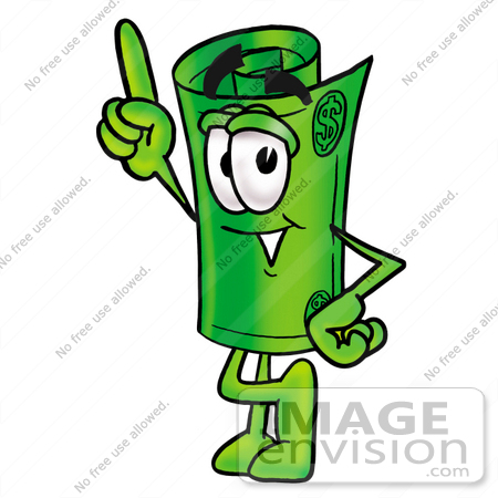 #24706 Clip Art Graphic of a Rolled Greenback Dollar Bill Banknote Cartoon Character Pointing Upwards by toons4biz