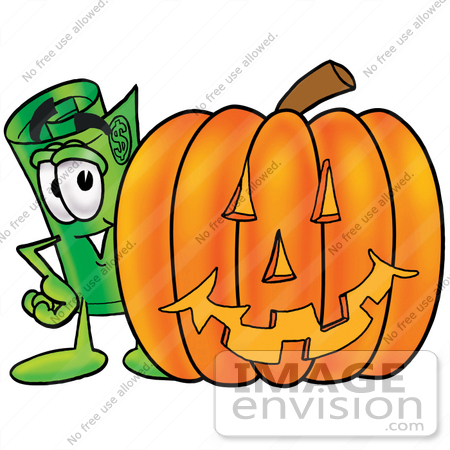 #24708 Clip Art Graphic of a Rolled Greenback Dollar Bill Banknote Cartoon Character With a Carved Halloween Pumpkin by toons4biz