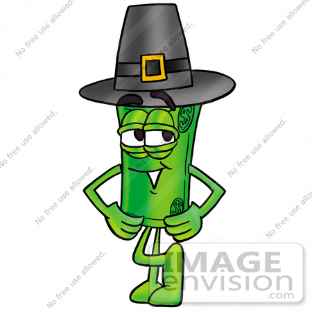 #24709 Clip Art Graphic of a Rolled Greenback Dollar Bill Banknote Cartoon Character Wearing a Pilgrim Hat on Thanksgiving by toons4biz