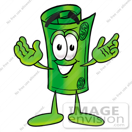 #24712 Clip Art Graphic of a Rolled Greenback Dollar Bill Banknote Cartoon Character With Welcoming Open Arms by toons4biz