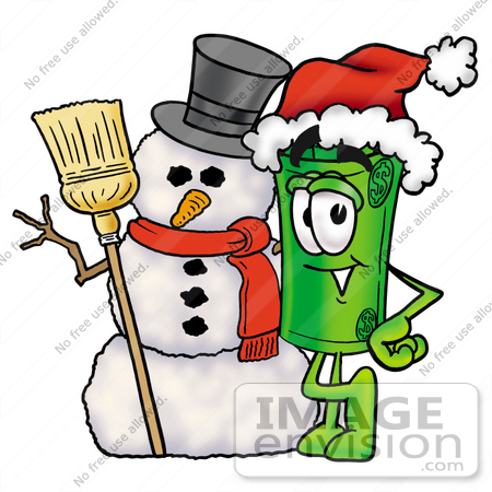 #24713 Clip Art Graphic of a Rolled Greenback Dollar Bill Banknote Cartoon Character With a Snowman on Christmas by toons4biz