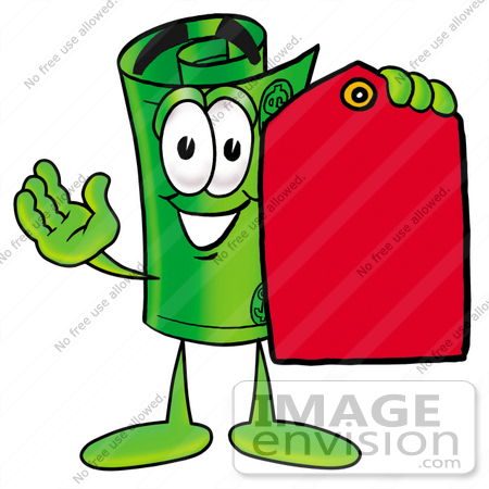 #24716 Clip Art Graphic of a Rolled Greenback Dollar Bill Banknote Cartoon Character Holding a Red Sales Price Tag by toons4biz