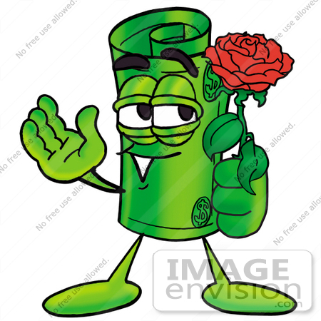 #24718 Clip Art Graphic of a Rolled Greenback Dollar Bill Banknote Cartoon Character Holding a Red Rose on Valentines Day by toons4biz