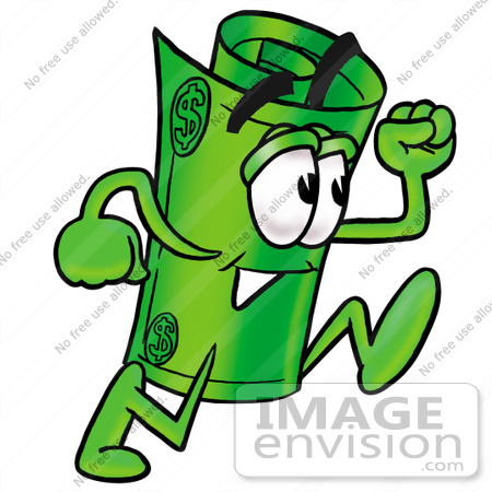 #24719 Clip Art Graphic of a Rolled Greenback Dollar Bill Banknote Cartoon Character Running by toons4biz