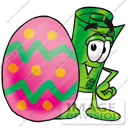 #24720 Clip Art Graphic of a Rolled Greenback Dollar Bill Banknote Cartoon Character Standing Beside an Easter Egg by toons4biz