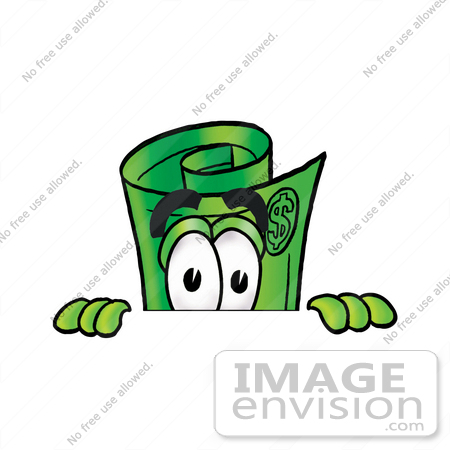 #24721 Clip Art Graphic of a Rolled Greenback Dollar Bill Banknote Cartoon Character Peeking Over a Surface by toons4biz