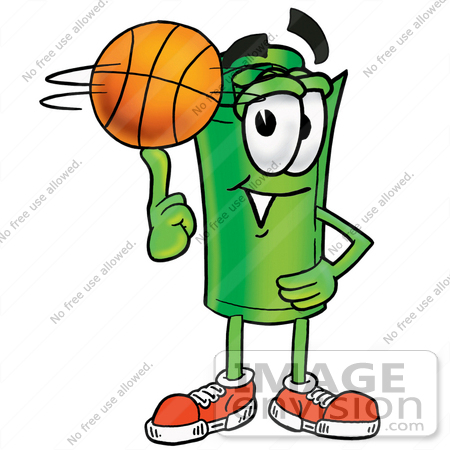 #24723 Clip Art Graphic of a Rolled Greenback Dollar Bill Banknote Cartoon Character Spinning a Basketball on His Finger by toons4biz
