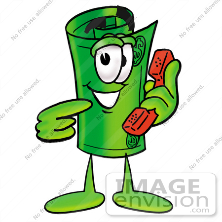 #24724 Clip Art Graphic of a Rolled Greenback Dollar Bill Banknote Cartoon Character Holding a Telephone by toons4biz