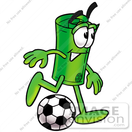 #24725 Clip Art Graphic of a Rolled Greenback Dollar Bill Banknote Cartoon Character Kicking a Soccer Ball by toons4biz