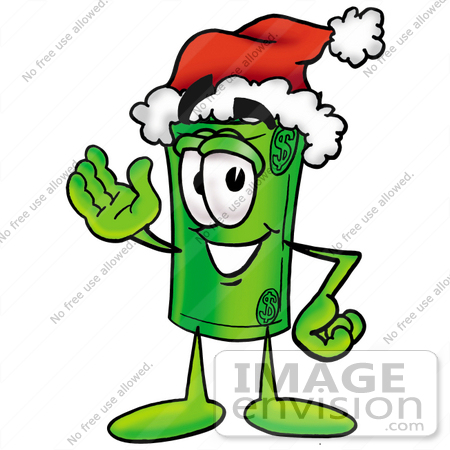 #24726 Clip Art Graphic of a Rolled Greenback Dollar Bill Banknote Cartoon Character Wearing a Santa Hat and Waving by toons4biz