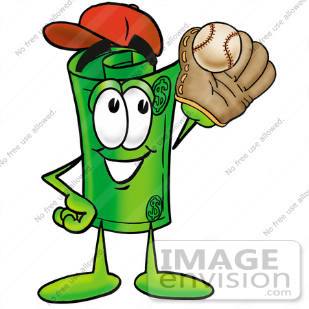 #24727 Clip Art Graphic of a Rolled Greenback Dollar Bill Banknote Cartoon Character Catching a Baseball With a Glove by toons4biz