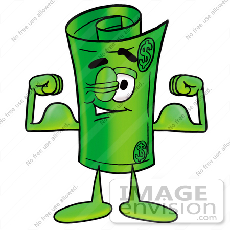 #24728 Clip Art Graphic of a Rolled Greenback Dollar Bill Banknote Cartoon Character Flexing His Arm Muscles by toons4biz