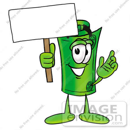 #24729 Clip Art Graphic of a Rolled Greenback Dollar Bill Banknote Cartoon Character Holding a Blank Sign by toons4biz
