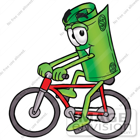 #24730 Clip Art Graphic of a Rolled Greenback Dollar Bill Banknote Cartoon Character Riding a Bicycle by toons4biz