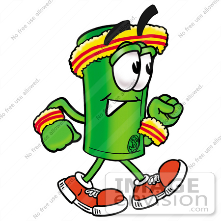#24732 Clip Art Graphic of a Rolled Greenback Dollar Bill Banknote Cartoon Character Speed Walking or Jogging by toons4biz