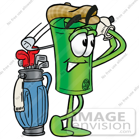 #24733 Clip Art Graphic of a Rolled Greenback Dollar Bill Banknote Cartoon Character Swinging His Golf Club While Golfing by toons4biz
