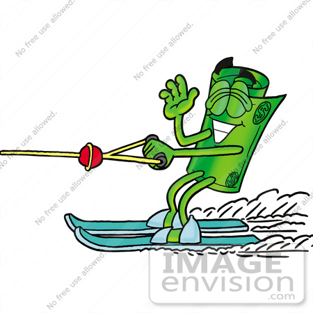 #24739 Clip Art Graphic of a Rolled Greenback Dollar Bill Banknote Cartoon Character Waving While Water Skiing by toons4biz