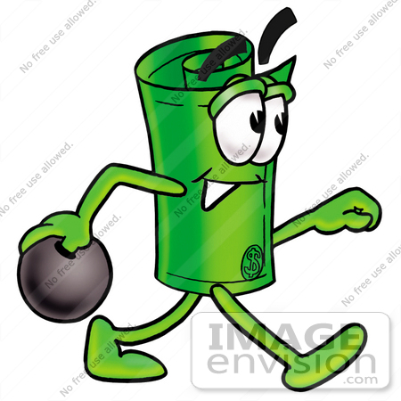 #24740 Clip Art Graphic of a Rolled Greenback Dollar Bill Banknote Cartoon Character Holding a Bowling Ball by toons4biz
