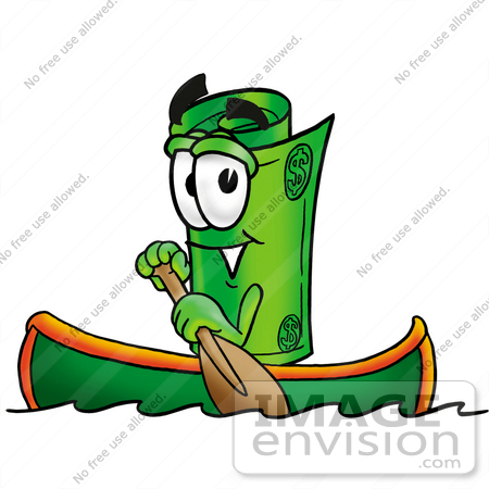 #24741 Clip Art Graphic of a Rolled Greenback Dollar Bill Banknote Cartoon Character Rowing a Boat by toons4biz