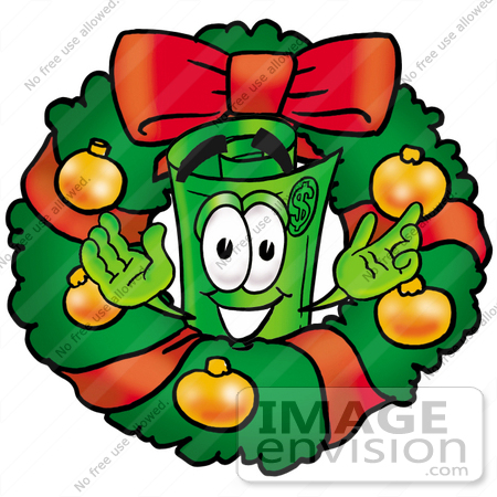 #24743 Clip Art Graphic of a Rolled Greenback Dollar Bill Banknote Cartoon Character in the Center of a Christmas Wreath by toons4biz
