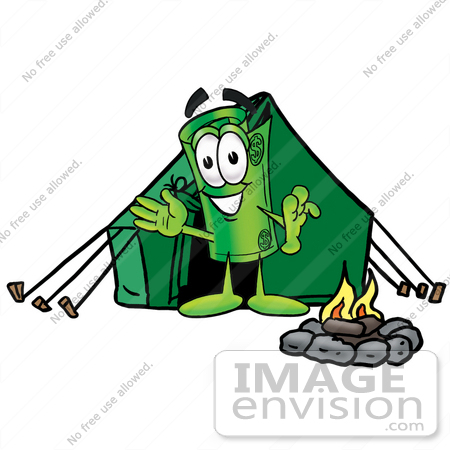 #24745 Clip Art Graphic of a Rolled Greenback Dollar Bill Banknote Cartoon Character Camping With a Tent and Fire by toons4biz