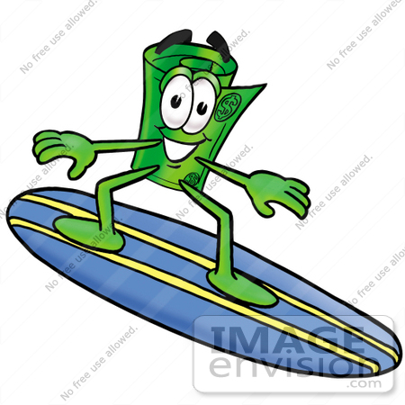 #24746 Clip Art Graphic of a Rolled Greenback Dollar Bill Banknote Cartoon Character Surfing on a Blue and Yellow Surfboard by toons4biz