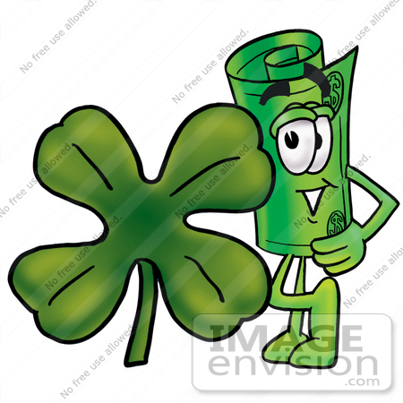 #24747 Clip Art Graphic of a Rolled Greenback Dollar Bill Banknote Cartoon Character With a Green Four Leaf Clover on St Paddy’s or St Patricks Day by toons4biz
