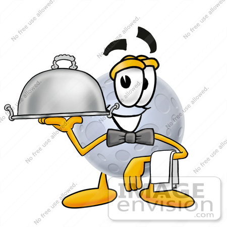 #24753 Clip Art Graphic of a Full Moon Cartoon Character Dressed as a Waiter and Holding a Serving Platter by toons4biz
