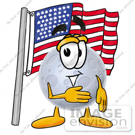 #24763 Clip Art Graphic of a Full Moon Cartoon Character Pledging Allegiance to an American Flag by toons4biz