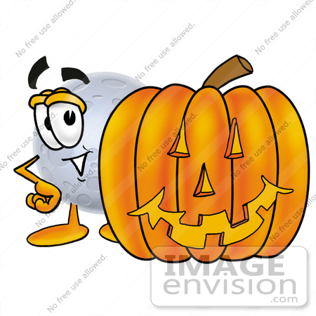 #24771 Clip Art Graphic of a Full Moon Cartoon Character With a Carved Halloween Pumpkin by toons4biz