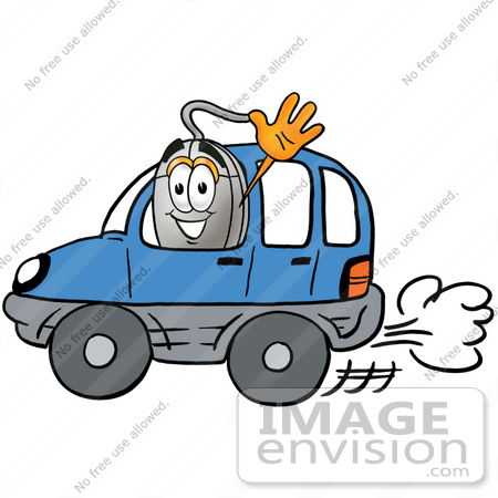 #24780 Clip Art Graphic of a Wired Computer Mouse Cartoon Character Driving a Blue Car and Waving by toons4biz