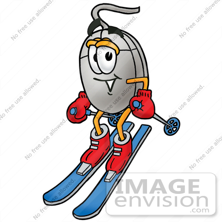 #24782 Clip Art Graphic of a Wired Computer Mouse Cartoon Character Skiing Downhill by toons4biz