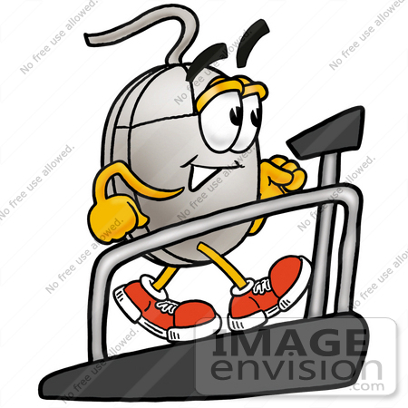 #24783 Clip Art Graphic of a Wired Computer Mouse Cartoon Character Walking on a Treadmill in a Fitness Gym by toons4biz