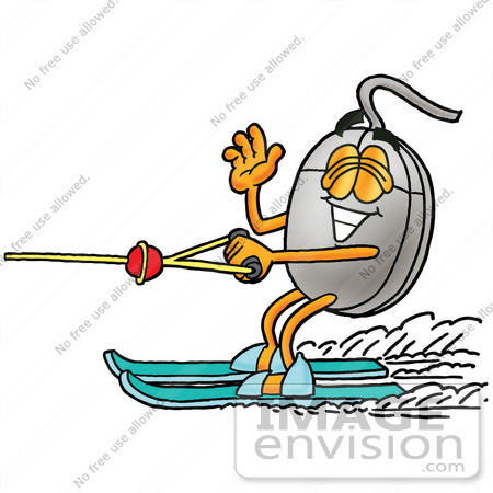 #24786 Clip Art Graphic of a Wired Computer Mouse Cartoon Character Waving While Water Skiing by toons4biz