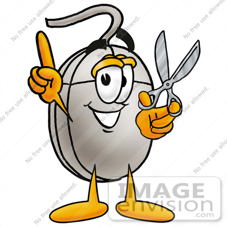 #24787 Clip Art Graphic of a Wired Computer Mouse Cartoon Character Holding a Pair of Scissors by toons4biz