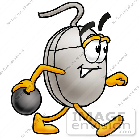 #24788 Clip Art Graphic of a Wired Computer Mouse Cartoon Character Holding a Bowling Ball by toons4biz