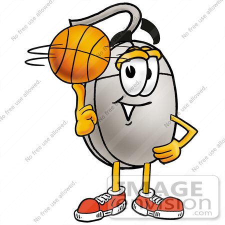 #24792 Clip Art Graphic of a Wired Computer Mouse Cartoon Character Spinning a Basketball on His Finger by toons4biz