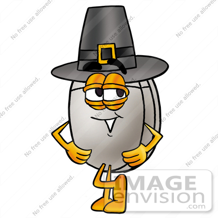 #24793 Clip Art Graphic of a Wired Computer Mouse Cartoon Character Wearing a Pilgrim Hat on Thanksgiving by toons4biz