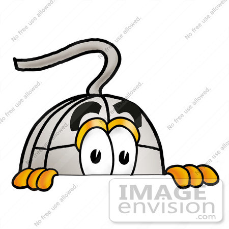#24794 Clip Art Graphic of a Wired Computer Mouse Cartoon Character Peeking Over a Surface by toons4biz