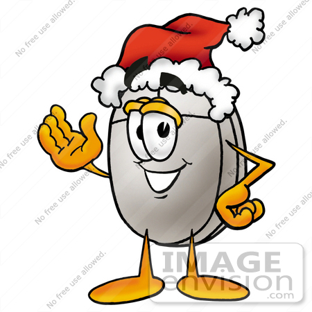 #24797 Clip Art Graphic of a Wired Computer Mouse Cartoon Character Wearing a Santa Hat and Waving by toons4biz