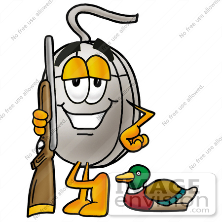 #24798 Clip Art Graphic of a Wired Computer Mouse Cartoon Character Duck Hunting, Standing With a Rifle and Duck by toons4biz